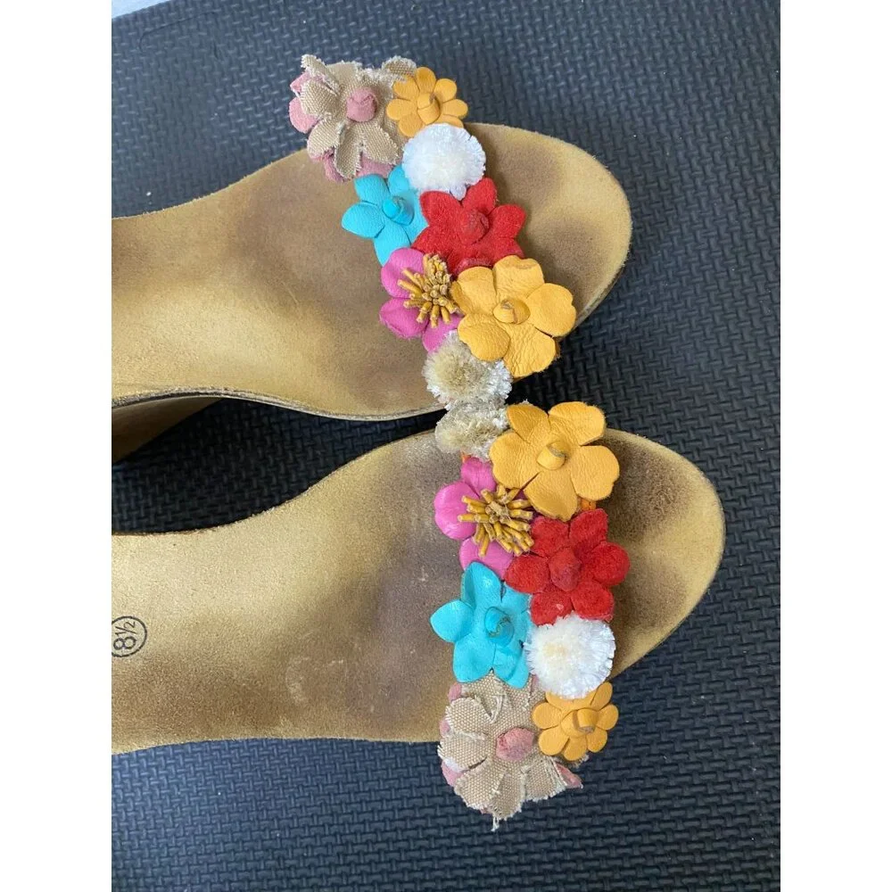 Bios Step Leather Fabric Flower‎ Wedge Sandals Brown Size 8.5 Whimsical Feminine